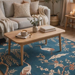 May include: A rectangular area rug featuring a deep blue background with a pattern of white and brown cranes, stylised floral branches, and beige clouds. The rug is positioned under a light-toned wooden coffee table with four legs.