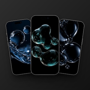 May include: Three smartphones arranged in a fan shape, each featuring a high-resolution display with a dark background and abstract, translucent blue and teal liquid bubble graphics that appear to float across the screens.