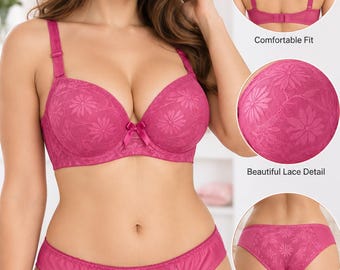 Women’s Floral Lace Push-Up Bra and Panty Set, Padded Underwire C-Cup Bra