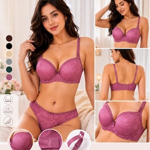 May include: A mauve-colored lingerie set consisting of a molded cup bra and matching panties. The fabric features a tonal floral pattern, scalloped lace trim along the top of the cups, adjustable shoulder straps, and a hook-and-eye back closure.