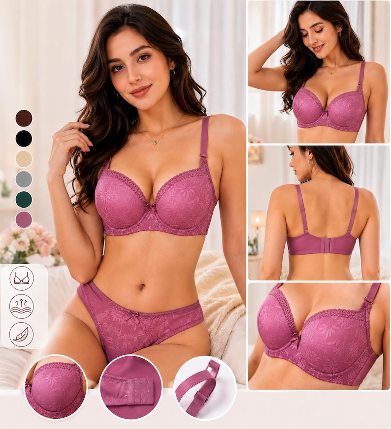May include: A mauve-colored lingerie set consisting of a molded cup bra and matching panties. The fabric features a tonal floral pattern, scalloped lace trim along the top of the cups, adjustable shoulder straps, and a hook-and-eye back closure.