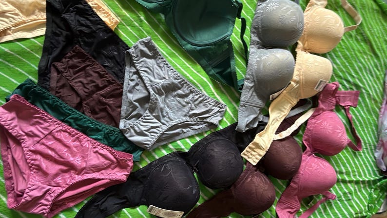 May include: A collection of assorted undergarments including several pairs of briefs in pink, dark green, brown, and gray, alongside multiple bras in shades of beige, gray, black, dark brown, and pink, featuring various textures and patterns.