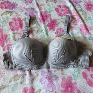 May include: A grey bra featuring thin black horizontal stripes, molded cups with a subtle pleated detail at the base, adjustable shoulder straps, and a small decorative embellishment at the center bridge, complete with a product tag attached.