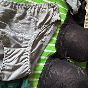 May include: A collection of undergarments including a pair of grey briefs with a floral lace front panel, a black molded cup bra with a floral pattern, and a dark brown molded cup bra with a matching floral texture and beige shoulder straps.