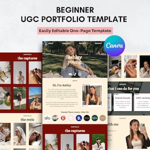 May include: A digital portfolio template for UGC creators featuring the text BEGINNER UGC PORTFOLIO TEMPLATE and Easily Editable One-Page Template. The layout includes sections for About, Portfolio, Services, and Contact with images.