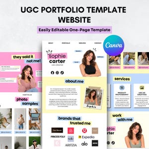 May include: A digital UGC portfolio website template featuring a one-page layout with sections for about me, services, and brand collaborations. The design includes pink, yellow, and blue accents, a Canva logo, and placeholder text for Sophie Carter.
