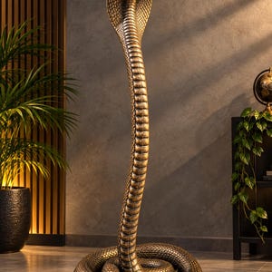 May include: A tall, bronze-colored cobra statue in a coiled position with its hood flared and mouth open, revealing fangs. The sculpture features detailed, textured scales covering its entire body, from the base to the raised, alert head.
