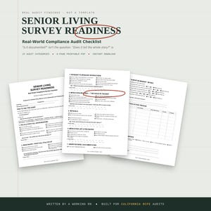 Op de afbeelding: Een printbaar PDF-document getiteld Senior Living Survey Readiness, een checklist voor compliance-audits. De pagina's bevatten zwarte tekst op wit papier, inclusief secties over valincidenten en medicatiedossiers.