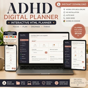 Könnte beinhalten: Ein digitaler ADHS-Planer, dargestellt auf einem Laptop, Tablet und Smartphone. Die Benutzeroberfläche zeigt ein Dashboard mit Bereichen für Planung, Zeitmanagement, Tracking und Fokus-Tools. Der Text umfasst ADHD DIGITAL PLANNER und FOCUS FLOW.