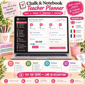 以下が含まれることがあります： Chalk & Notebook Teacher Plannerのダッシュボードが表示されたノートパソコン。Plan、Teach、Toolbox、Setupのセクションがあり、画面にはスケジュール、タイマー、生徒選択機能、ピンクのアクセント、アイコン、英語のテキストが表示されています。