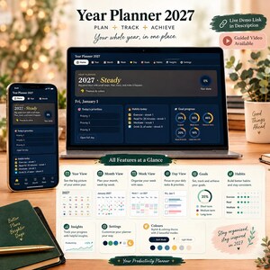 インタラクティブなウェブ版年間プランナー2027、目標と習慣の整理ツール（デジタルダウンロード）