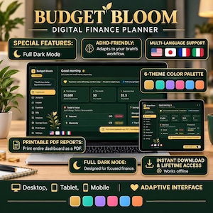 Può includere: Un pianificatore finanziario digitale intitolato Budget Bloom visualizzato su uno schermo di un portatile e di un tablet. L'interfaccia presenta un tema verde scuro con accenti dorati, mostrando metriche e tracciamento spese.