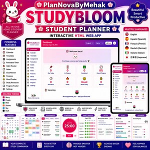 Puede incluir: El planificador de estudiantes StudyBloom de PlanNovaByMehak es una aplicación web HTML interactiva que se muestra en una computadora portátil y una tableta. La interfaz presenta un panel con un esquema de color rosa y blanco, que incluye iconos para calendario, horario, tareas, temporizador pomodoro, rastreador de hábitos, notas, objetivos, finanzas y rastreador de estado de ánimo. El texto incluye "Welcome back!" y "Small steps every day lead to big results."