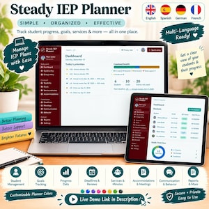 Puede incluir: Un planificador digital Steady IEP mostrado en la pantalla de una computadora portátil y una tableta, con un panel de control que muestra el progreso de los estudiantes, objetivos y minutos de servicio. La interfaz incluye secciones de gestión.