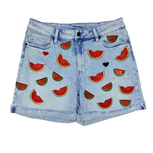 Watermelon Slice Patched Denim Shorts - Size 12
