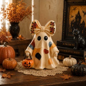 Puede incluir: Una figura de fantasma color crema con un lazo grande en la cabeza decorado con pequeñas rosas rojas. El fantasma tiene ojos negros circulares, viste una sábana estilo patchwork con parches de varios colores y sostiene un pequeño cubo de calabaza.