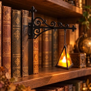 Peut inclure: Un support mural en métal noir avec des volutes ornementales et une fleur de lys au sommet, doté d'une petite lanterne triangulaire en verre suspendue par une chaîne. À l'intérieur, une bougie chauffe-plat LED jaune brille près de livres.