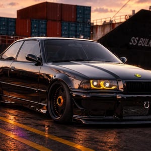 May include: A black two-door coupe car with a modified front bumper, gold-accented wheels, and glowing amber headlights. The vehicle features a front tow hook and a yellow emblem on the bonnet. The text 5M GARAGE is visible in the bottom left corner.