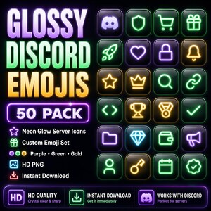 May include: A digital collection of 50 glossy Discord emojis featuring neon glow icons in purple, green, and gold. The set includes various symbols like a rocket, heart, crown, trophy, and diamond, all presented on dark square backgrounds with a neon aesthetic.