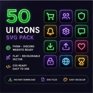 Könnte beinhalten: Eine digitale Sammlung von 50 UI-Icons als SVG-Paket mit neonartigen Umrissen auf dunklen quadratischen Hintergründen. Der Text lautet 50 UI ICONS SVG PACK, FIVEM DISCORD WEBSITE READY, FLAT RECOLORABLE VECTOR, CSS READY EASY TO USE, INSTANT DOWNLOAD, SVG FILES, EASY RECOLOR.