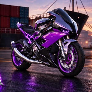 Könnte beinhalten: Ein Sportmotorrad mit einer leuchtend violetten und schwarzen Karosserie, metallischem Finish, silbernem Auspuffrohr und schwarzen Reifen. Der Text SM GARAGE ist in einer stilisierten violetten und silbernen Schrift in der unteren linken Ecke zu sehen.