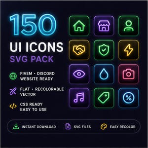 May include: A digital collection of 150 UI icons in an SVG pack, featuring neon-style glowing outlines on dark square backgrounds. The icons include symbols for a house, shop, user, handshake, shield, lightning bolt, eye, water drop, camera, music note, tag, and percentage.