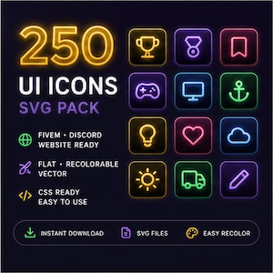 May include: A digital graphic displaying 250 UI ICONS SVG PACK with neon-style icons including a trophy, game controller, lightbulb, sun, medal, monitor, heart, truck, bookmark, anchor, cloud, and pencil on a dark background with text.