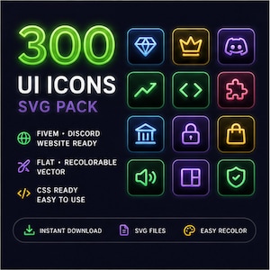 May include: A digital graphic displaying 300 UI ICONS SVG PACK with neon-style icons including a diamond, crown, discord logo, graph, code brackets, puzzle piece, building, lock, shopping bag, speaker, layout, and shield on a dark background.