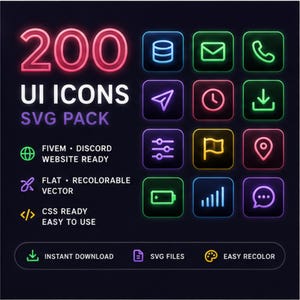 Könnte beinhalten: Eine digitale Grafik mit dem Text 200 UI ICONS SVG PACK und einer Sammlung neonfarbener quadratischer Symbole, darunter eine Datenbank, ein Umschlag, ein Telefon, ein Papierflieger, eine Uhr, ein Download-Symbol und weitere UI-Elemente.