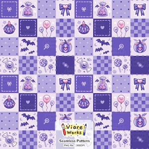 Pode incluir: Um padrão digital sem costuras com uma grelha de quadrados roxos e violetas claros. O design inclui ilustrações de morcegos, abóboras, laços, balões, chupa-chupas, rebuçados embrulhados e velas. Um logótipo diz Viare Works Seamless Pattern.
