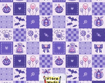 Checkered Halloween Seamless Pattern | Purple Pattern, Patchwork, Spooky, Ghost, Ribbon (Digital Download)