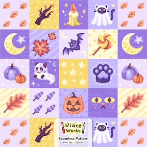 May include: A seamless digital pattern featuring a grid of Halloween-themed illustrations including ghost cats, pumpkins, bats, crescent moons, autumn leaves, lavender sprigs, a candle, and a lollipop. The design includes a logo reading Viare Works.
