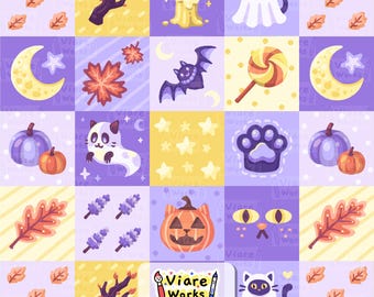 Halloween Seamless Pattern in Checkered Background | Ghost, Pumpkin, Bat, Cat, Moon, Star (Digital Download)