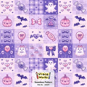 Peut inclure: Un motif numérique sans couture composé d'une grille de carrés violet clair et foncé, orné d'illustrations de fantômes, citrouilles, chauves-souris, bonbons, nœuds et ballons dans des tons roses et violets. Le texte Viare Works Seamless Pattern est visible.