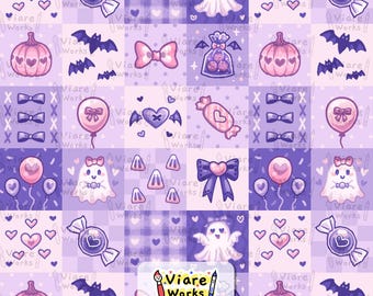 Halloween Patchwork Seamless Pattern | Ghost, Pumpkin, Bat, Ribbon, Checkered (Digital Download)