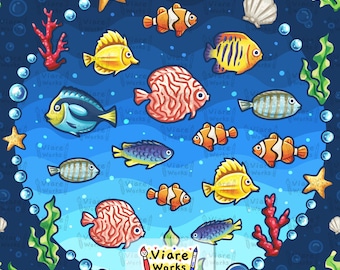 Tropical Fish Seamless Pattern, Underwater, Ocean, Sea Marine (Digital Download)
