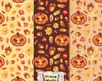 Leaves & Pumpkin Seamless Pattern | Fall, Autumn, Foliage, Leaf, Halloween (Digital Download)