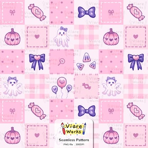 Könnte beinhalten: Ein nahtloses digitales Muster mit einem hellrosa karierten Hintergrund und sich wiederholenden Illustrationen von violetten Schleifen, rosa Kürbissen mit Herzmustern, weißen Geistern mit violetten Schleifen, rosa Bonbons und herzförmigen Luftballons.