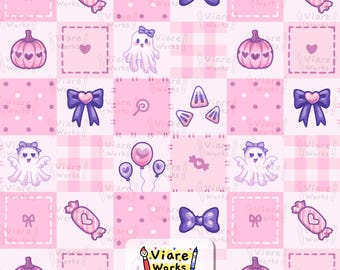 Pink Halloween Seamless Pattern | Checkered, Patchwork, Spooky, Ghost, Ribbon (Digital Download)