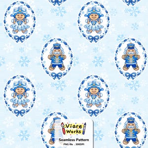 May include: A seamless pattern featuring gingerbread figures in blue and white outfits, including a nutcracker and a character in a dress, framed by holly and bows on a light blue background with snowflakes and the text Viare Works.