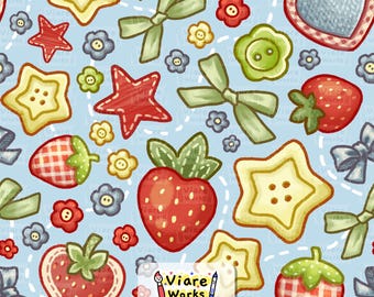 Coquette Strawberry Seamless Pattern, Cottagecore, Retro, Button, Ribbon, Sticth (Digital Download)