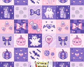 Purple Halloween Seamless Pattern | Ghost, Pumpkin, Bat, Ribbon, Checkered (Digital Download)