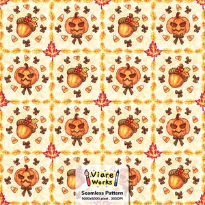 Könnte beinhalten: Ein nahtloses digitales Muster mit wiederkehrenden Quadraten aus orangefarbenen Kürbissen und braunen Eicheln, akzentuiert durch Zuckermais und kleine Schleifen, umrahmt von gelben Blättern. Text: Viare Works Seamless Pattern 5000x5000 pixel . 300DPI.