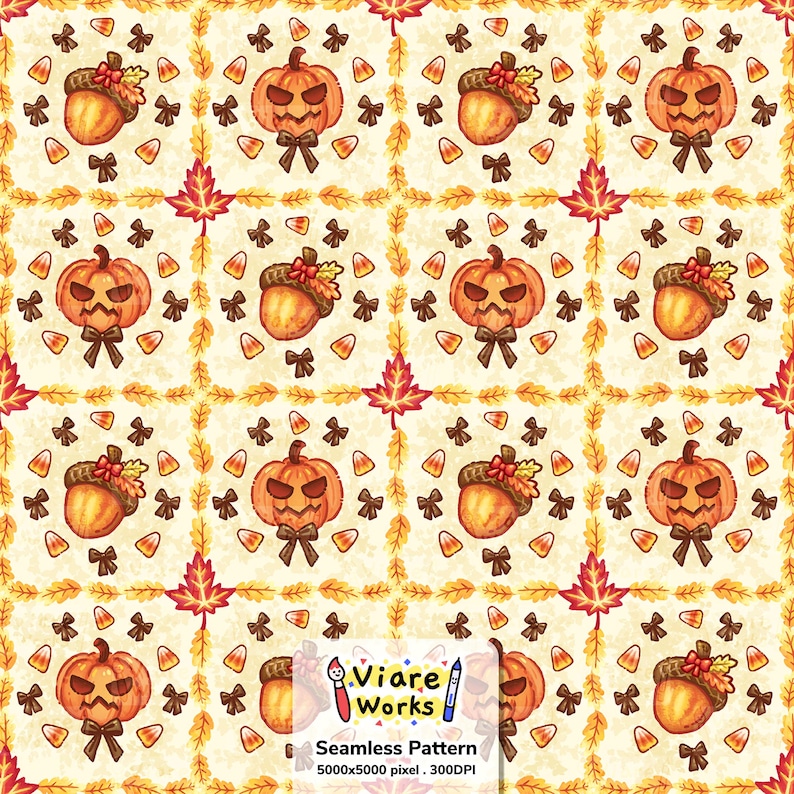 May include: A seamless digital pattern featuring repeating squares with orange jack-o'-lanterns and brown acorns, accented by candy corn and small bows, framed by yellow leaf borders. Text reads: Viare Works Seamless Pattern 5000x5000 pixel . 300DPI.