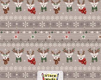 Vintage Christmas Reindeer Seamless Pattern, Rustic Winter, White Deer Snowflake (Digital Download)