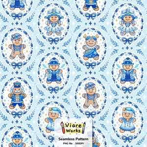 May include: A seamless pattern featuring gingerbread figures in blue outfits, including nutcrackers and characters with bows, enclosed in oval frames with holly and snowflakes on a light blue background. Text reads Viare Works Seamless Pattern.