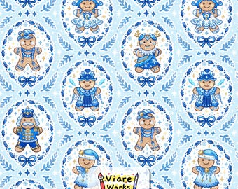 Gingerbread Cameo Seamless Pattern: Vintage Christmas, blue, nutcracker, fairy, ballerina  (Digital Download)