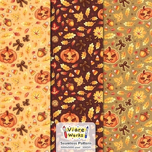 May include: A seamless digital pattern featuring a repeating autumn theme with jack-o'-lantern pumpkins, acorns, candy corn, brown bows, and various fall leaves in shades of orange, yellow, and brown across three distinct background colour panels.