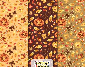 Hand-Drawn Pumpkin Halloween Seamless Pattern | Fall Leaves, Candy Corn (Digital Download)