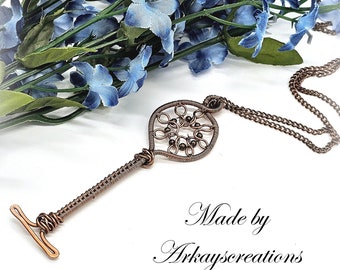 The Art Deco Skeleton Key: Hand-Woven Copper Wire Wrapped Pendant